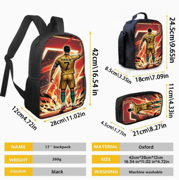 3 Piece Football Star Cartoon Backpack Set