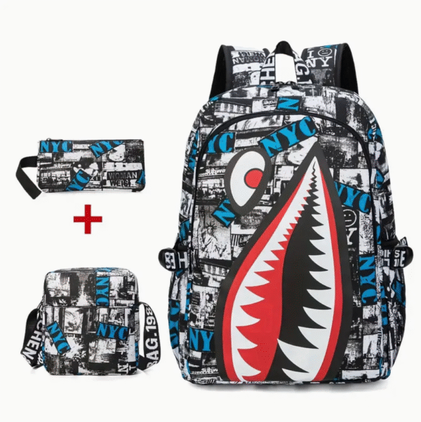 3 Piece Anime Shark Print School Backpack Set