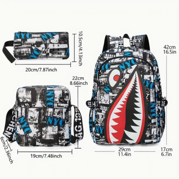 3 Piece Anime Shark Print School Backpack Set