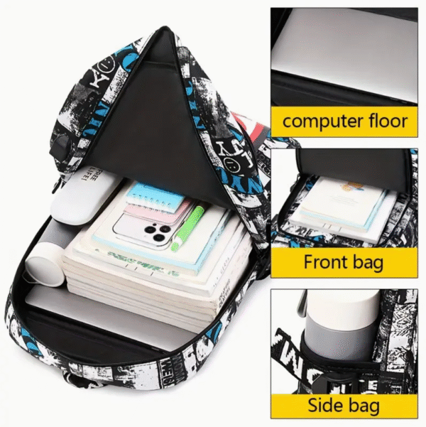 3 Piece Anime Shark Print School Backpack Set