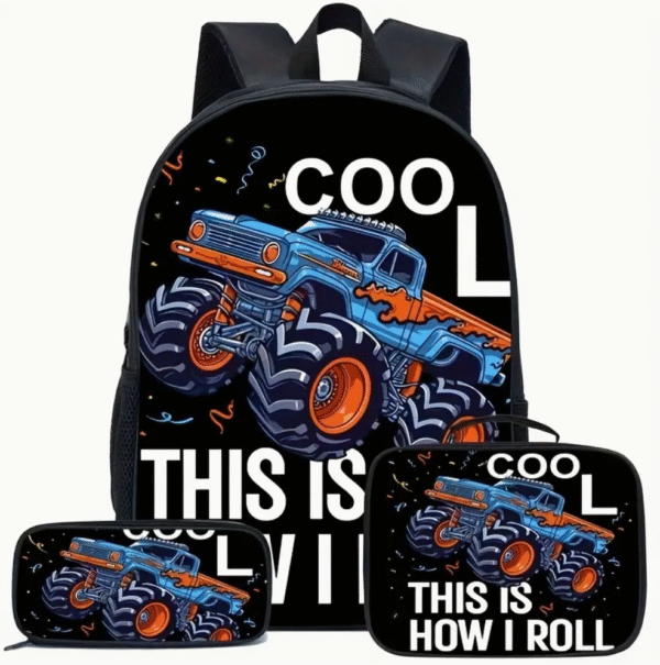 3 Piece Monster Truck Print Backpack Set
