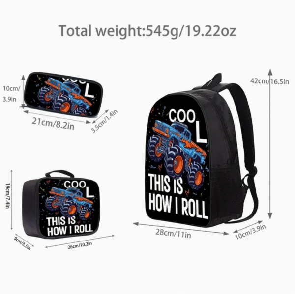 3 Piece Monster Truck Print Backpack Set