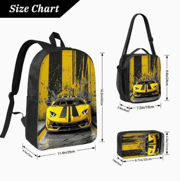 3 Piece Racing Lambo Car Backpack Set