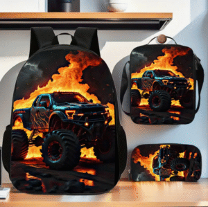 3 Piece Flaming Monster Truck Racing Car Backpack Set
