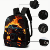 3 Piece Flaming Monster Truck Racing Car Backpack Set
