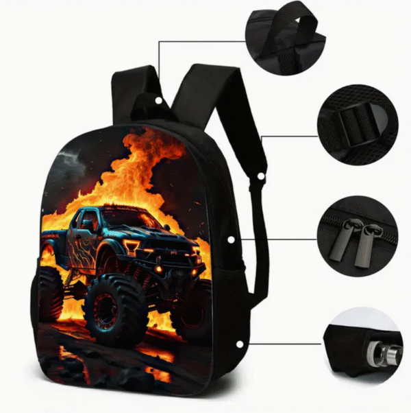 3 Piece Flaming Monster Truck Racing Car Backpack Set